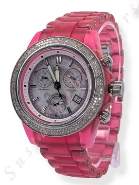 Invicta Pink Chronograph Watch Swiss Movement Silicone Strap Diamond Bezel 3121